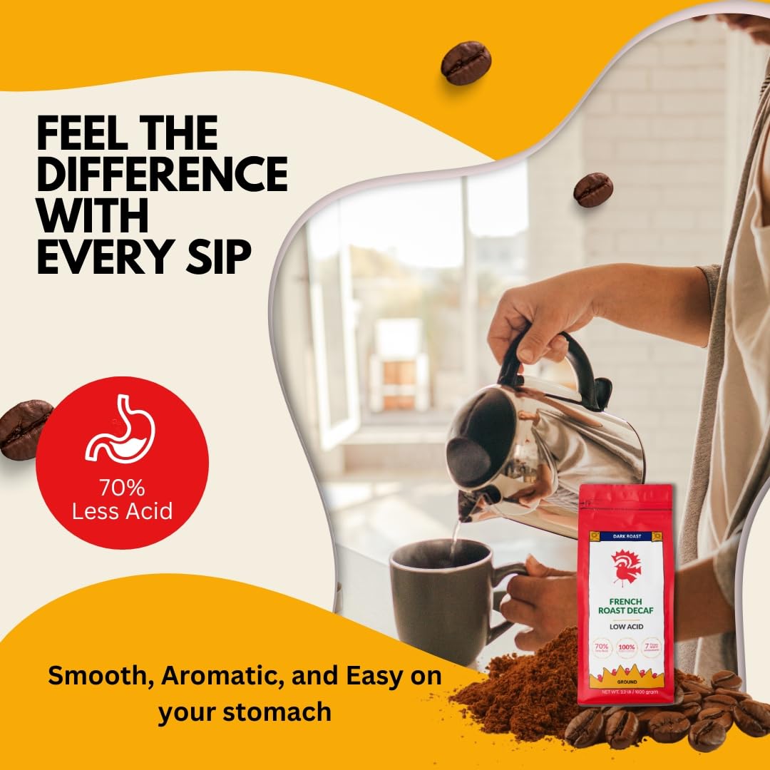 Puroast Low Acid Coffee Decaf | Decaf French Roast Ground | Dark Roast | High Antioxidants & High pH |No Bitter Aftertaste | Reduced Heartburn & GERD