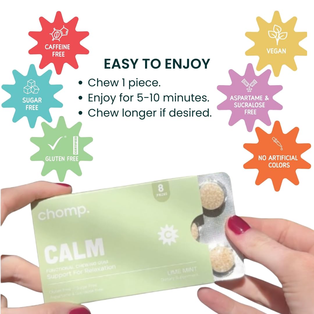 Chomp Gums CALM Chewing Gum, Sugar-Free with L-Theanine, Vitamin B6 & C, Gluten-Free, Aspartame & Sucralose Free, Lime Mint Flavor (1 Pack)