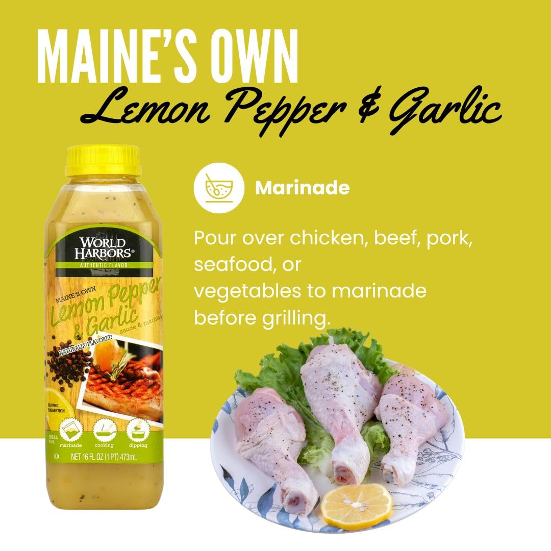 World Harbors Lemon Pepper Garlic Sauce & Marinade, Made in Maine, Ideal for Chicken Wings, Seafood, Grilled Meats, Salads, Stir-Fries, Sandwiches