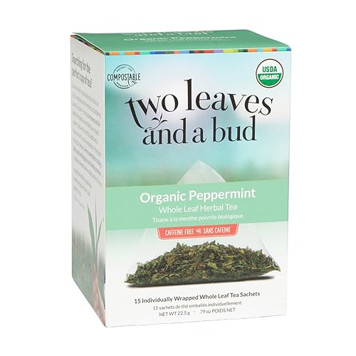 Two Leaves and a Bud Organic Peppermint Tea Bags, Naturally Caffeine Free, Herbal Whole Leaf Peppermint Tea in Pyrami Sachets, 15 Count (Pack of 1)
