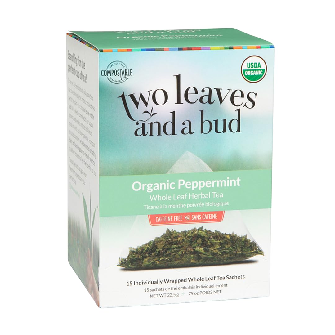 Two Leaves and a Bud Organic Peppermint Tea Bags, Naturally Caffeine Free, Herbal Whole Leaf Peppermint Tea in Pyrami Sachets, 15 Count (Pack of 1)