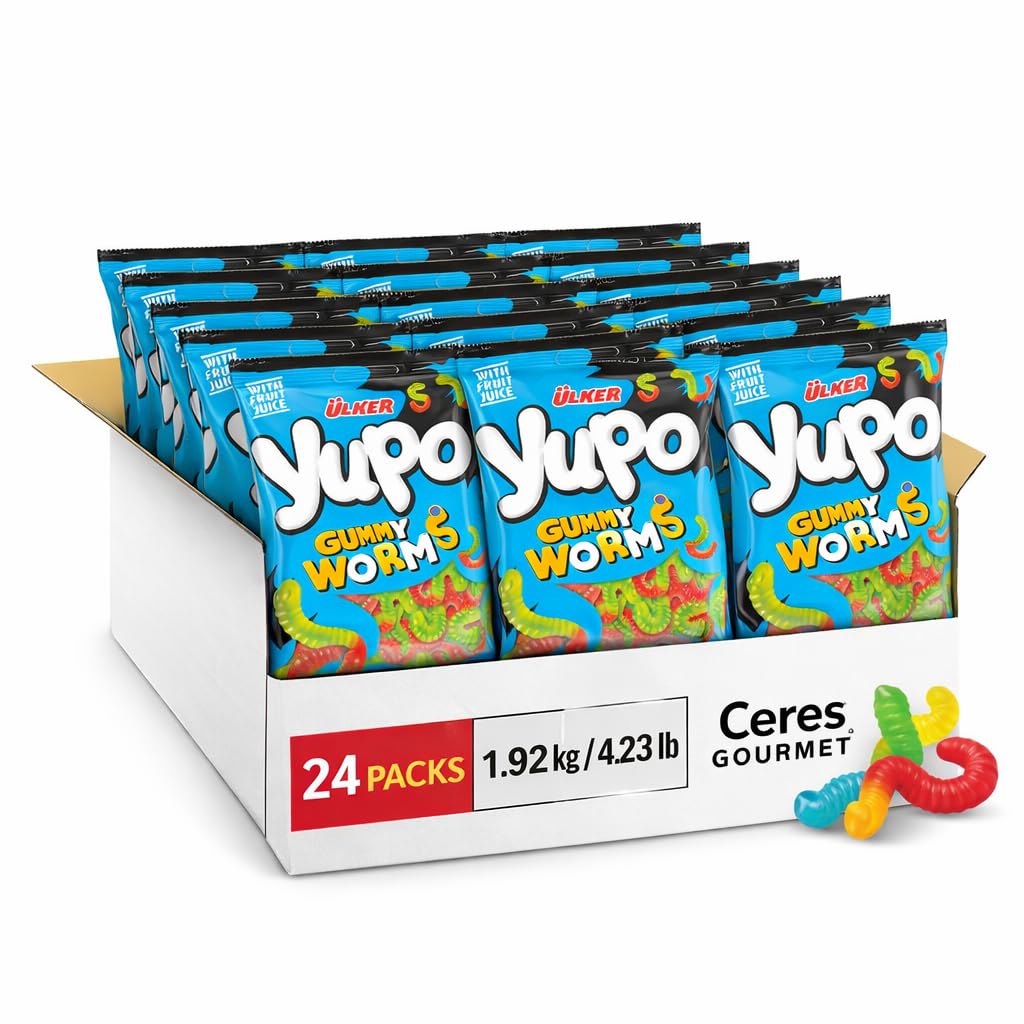 Ceres Gourmet Gummy Worms Bulk Candy 24 Pack (2.82 oz Each) Individual Packets, Gummi Worm Chewy Candies with Apple Orange Strawberry Fruit Juice