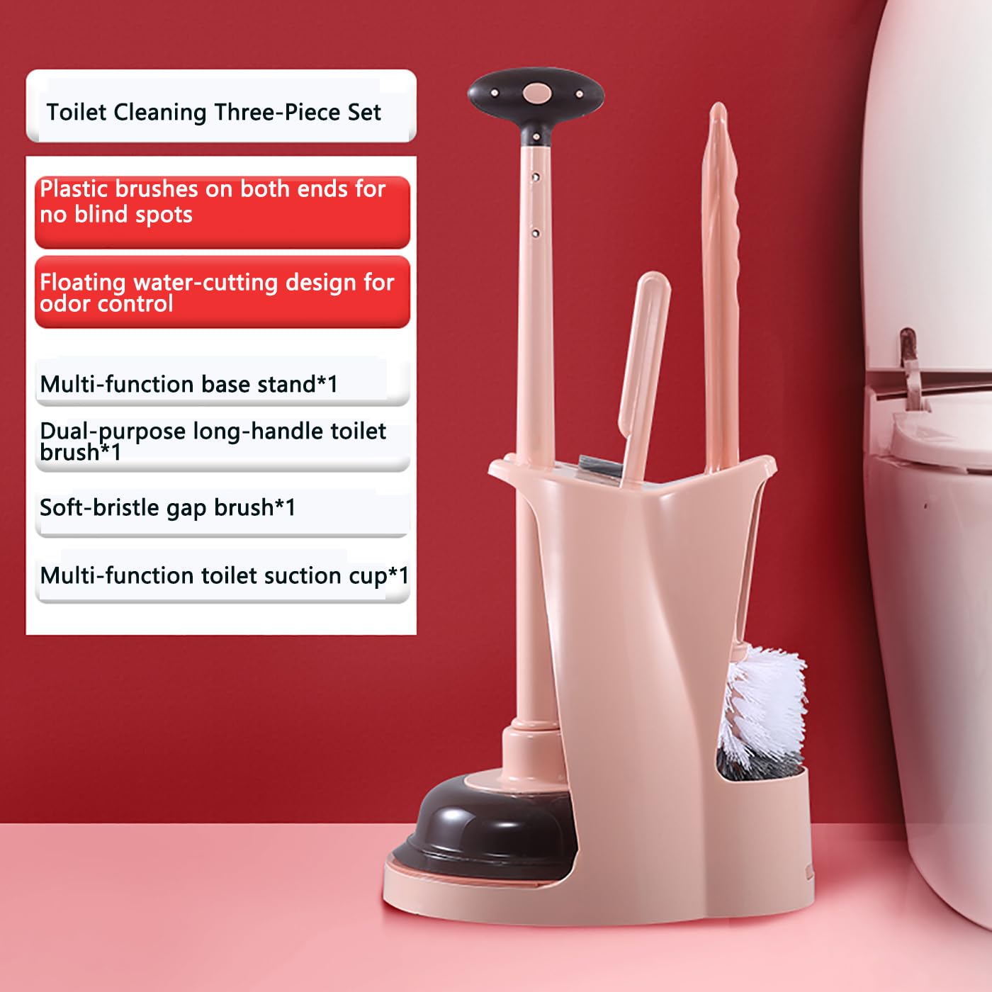 Toilet Brush and Plunger Set Toilet Plunger and Brush Combo Bathroom Deeply Cleaning Tools Bathroom Toilet Bowl Brush with Holder Pink 1 Set