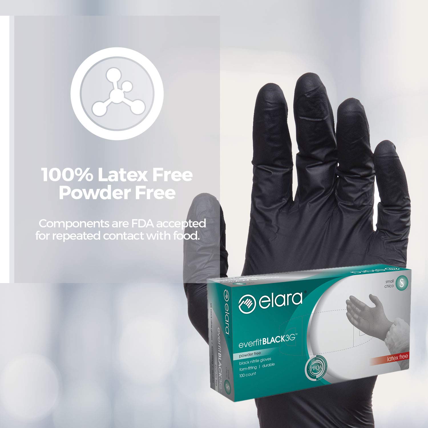 Elara FNE301BK EverfitBLACK3G Nitrile Disposable Gloves, 3 mil, Black, Powder Free, Food Safe, Non-Latex, Size Small, Box of 100