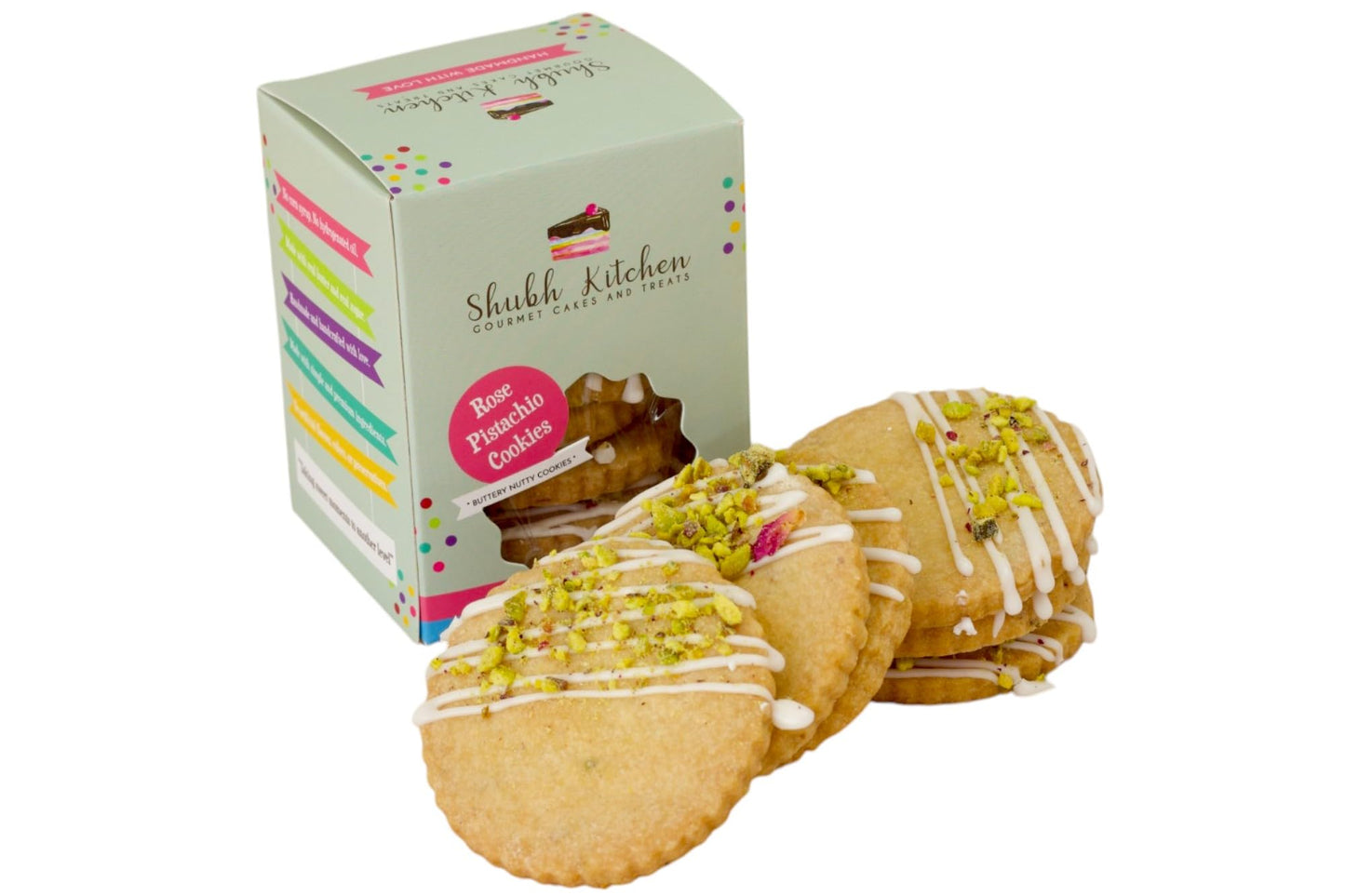 Rose Pistachio Cookies- Gourmet Indian Cookies, 100% Egg-Free & Vegetarian, Handmade with Real Butter & Pistachios, No Preservatives, Authentic