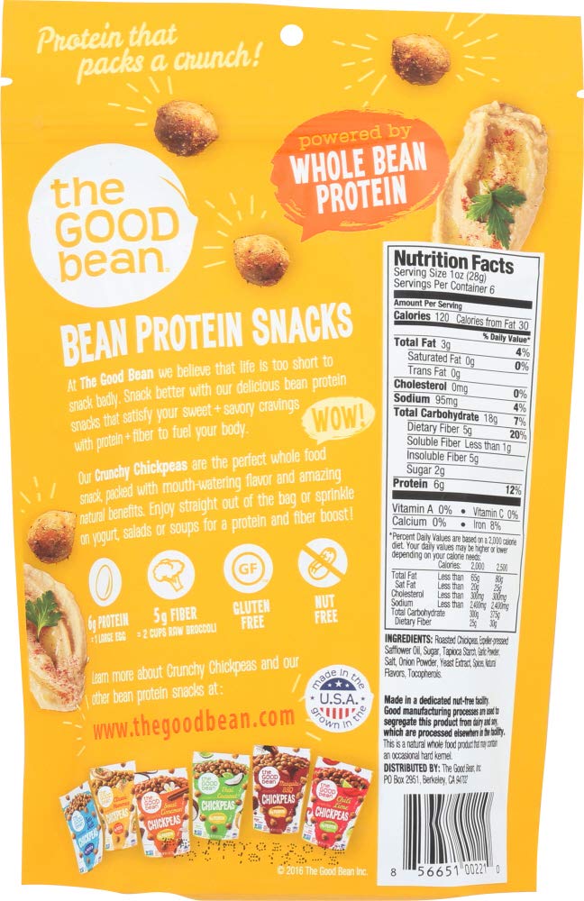 The Good Bean Crunchy Chickpeas - Classic Hummus - 6 oz Resealable Bag - Roasted Chickpea Beans - Vegan Snack with Good Source of Plant Protein