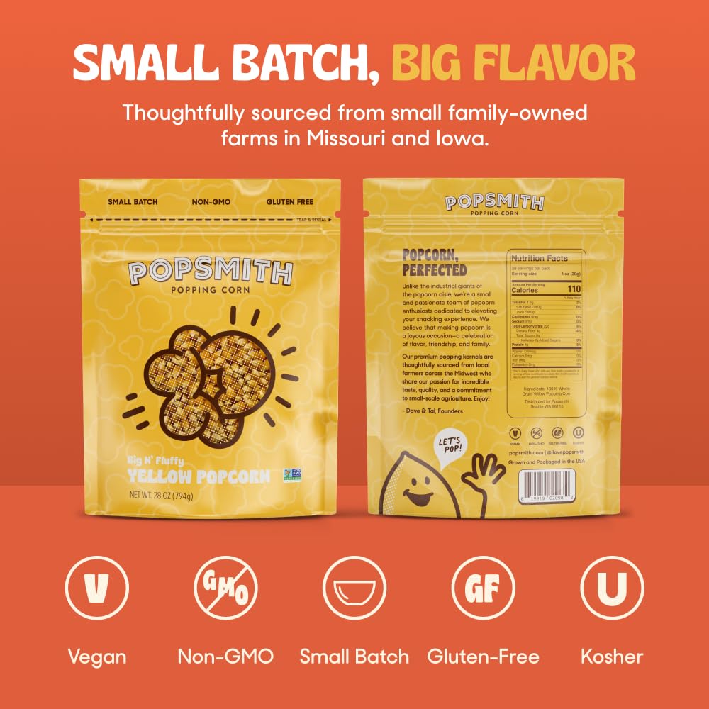 Popsmith - 28oz Pouch Yellow Popcorn Kernels for Popping - Grown in USA, Non-GMO, Vegan, and All-Natural - Unpopped Popcorn Kernels for Stovetop