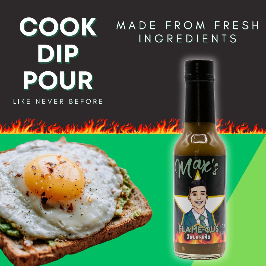 Max Flame-ous Jalapeño Hot Sauce - Earthy & Zesty | Mild 2/5 Heat | Perfect for Topping Eggs & Pork | Cooking | Best, Young, Unique Flavor, Tasty |