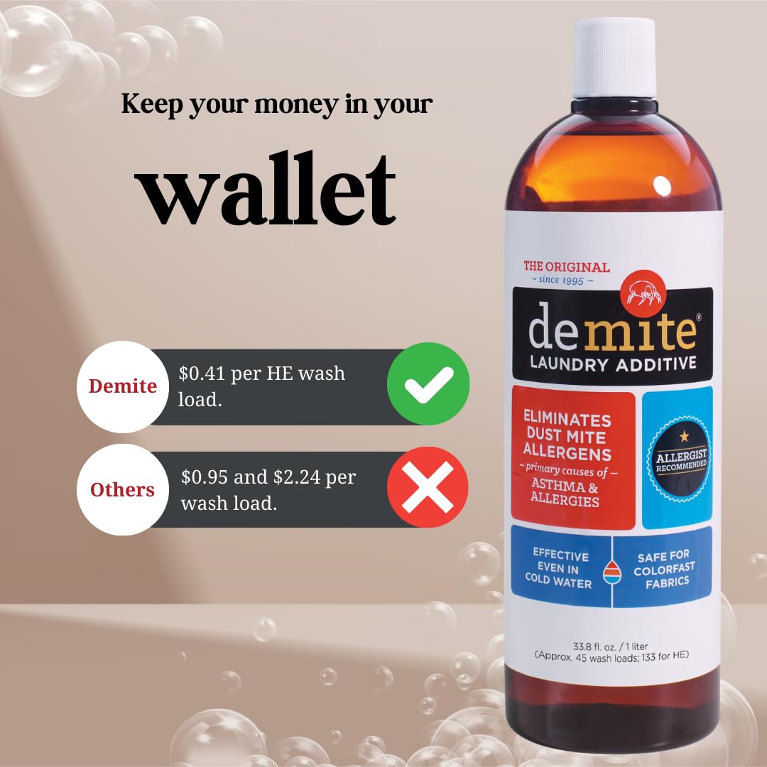 DeMite Laundry Additive - Dust Mite Waste Remover for Allergy Relief, Treatment for Bedding & Clothes, Safe for Children & Pets, Fragrance-Free Gentle
