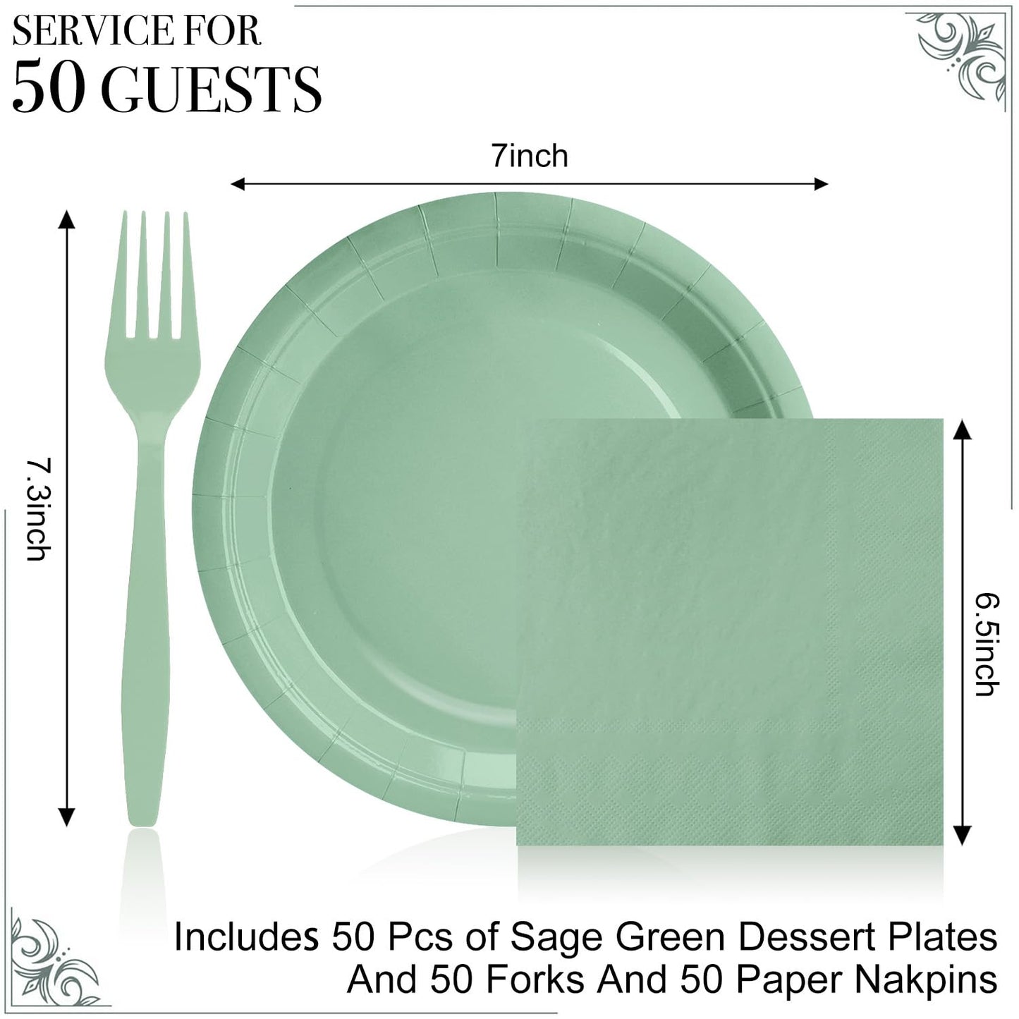 CENLBJ Sage Green Paper Plates Party Decorations, Include 7’’ Disposable Sage Green Paper Dessert Plate and Napkins Forks Party Supplies for Birthday