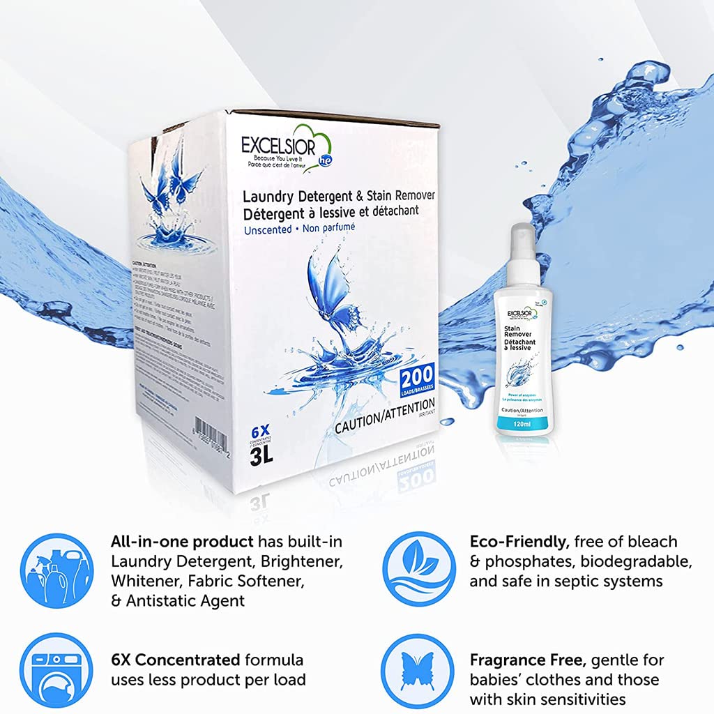 Excelsior Liquid Laundry Detergent Unscented HE Concentrated, 200 Loads 3 Liter, Enzyme Stain Remover, Front Load and Top Load Compatible