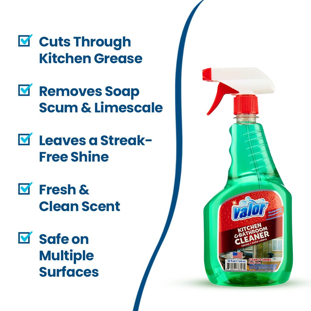 Valor Kitchen & Bathroom Cleaner Spray - Multi-Surface Degreaser & Limescale Cleaning Solution, Eco-Friendly Biodegradable Formula, (32 Fl Oz (Pack
