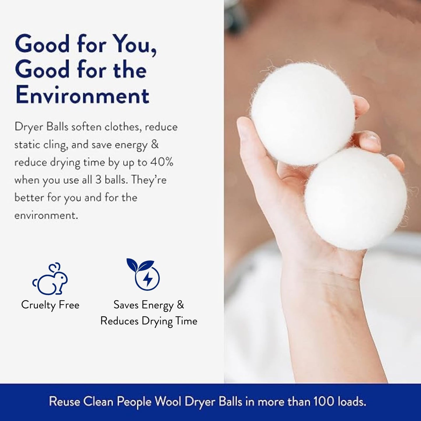The Clean People 100% New Zealand Wool Dryer Balls - 3 Pack - for Laundry, Fabric Softening, Anti Static, No Lint, Odorless and Reusable