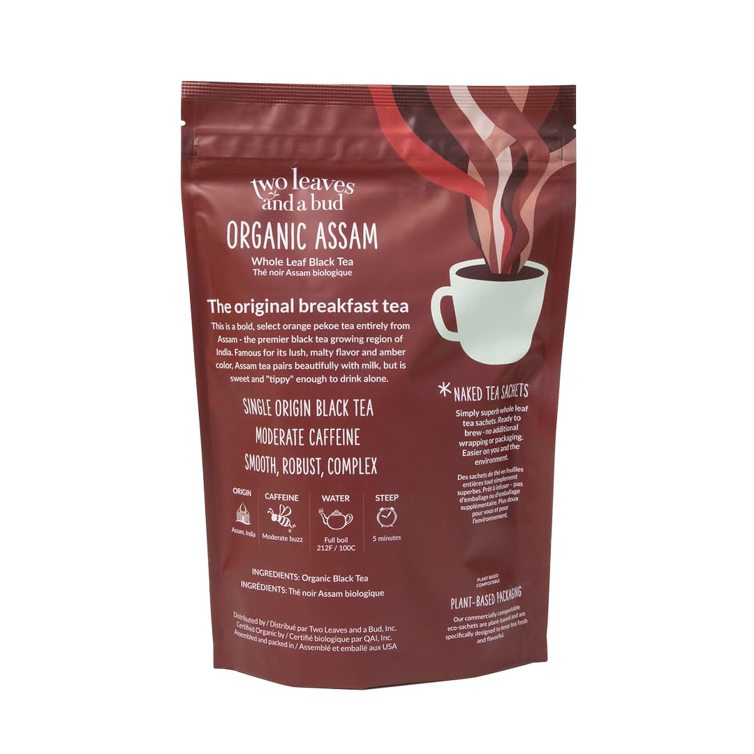 Two Leaves and a Bud Organic Assam - 50 Naked Tea Sachets, Whole Leaf Black Tea in Pyramid Sachets, Resealable Bag, 50 Count (Pack of 1)