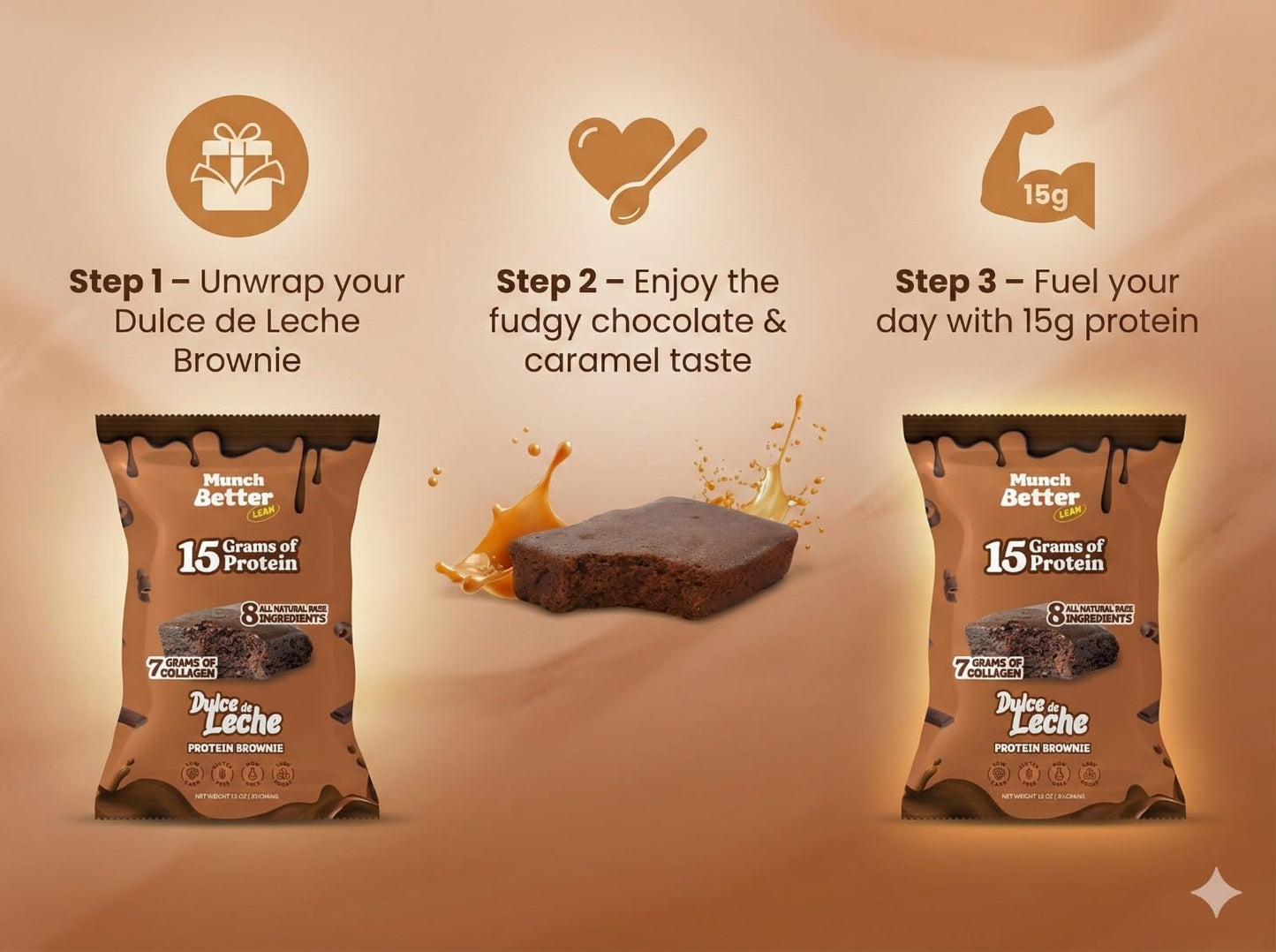 Munch Better Dulce de Leche Brownies - 12 Individually Wrapped Bars, 15g Protein, 7g Collagen, Gluten-Free, Soft Baked Snack with Rich Caramel Flavor