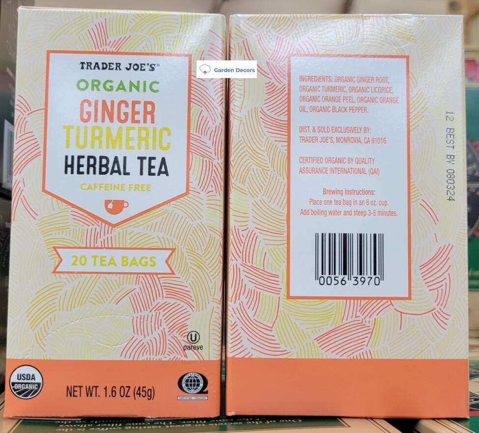 Trader Joe's Organic Ginger Turmeric Heabal Tea Caffeine Free 1.6oz 45g (Two Boxes)