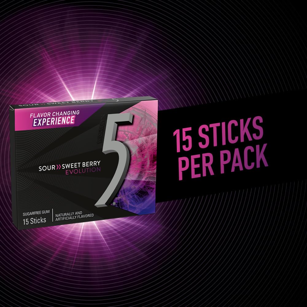 5 GUM Evolution Sour to Sweet Berry Flavor Changing Sugar Free Chewing Gum, 15-Stick Pack, 10 Count