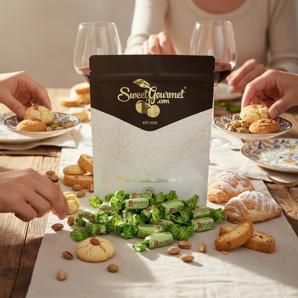 SweetGourmet Rossana Pistachio Paste Center Filled Hard Candy, Italian Wrapped Candy, 2 Pounds