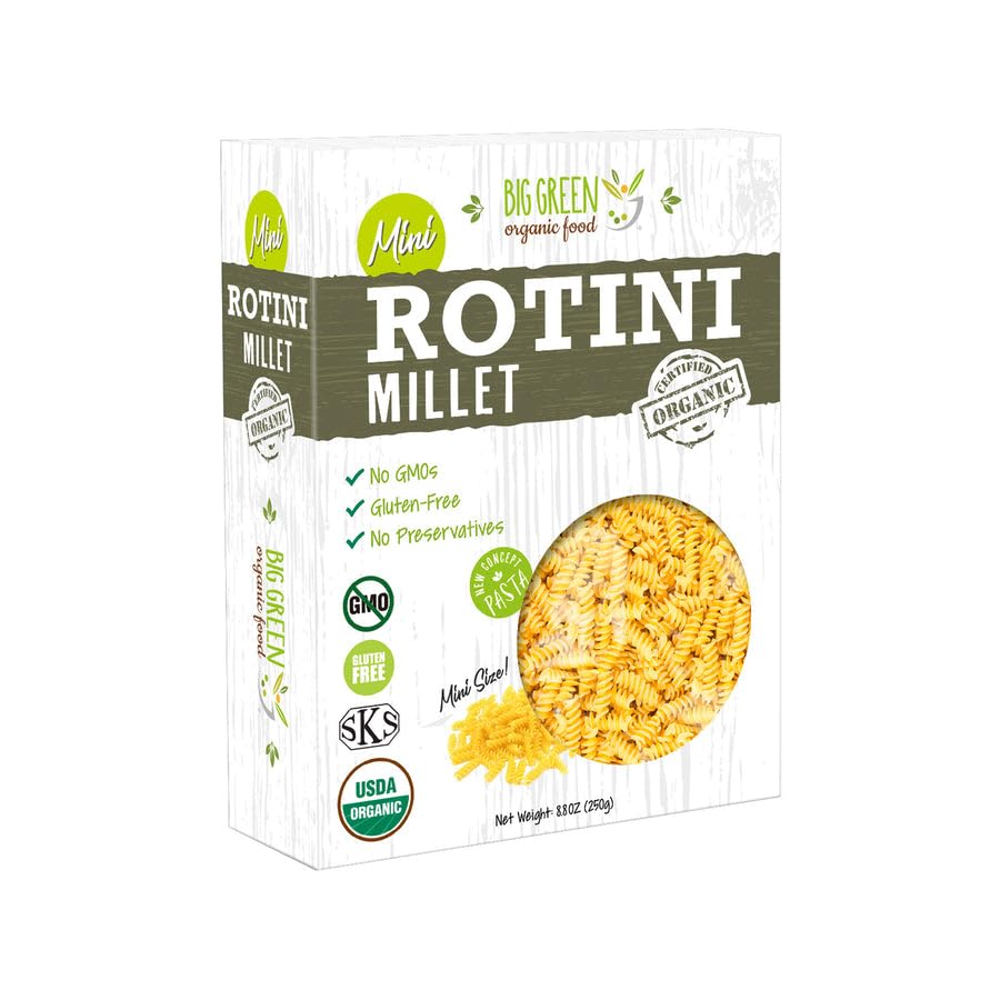 Big Green Organic Food - Organic Mini Millet Rotini Pasta, Gluten-Free, Non-GMO, Vegan, Plant-Based, Kids' Favorite, 8.8 oz (1 Box)