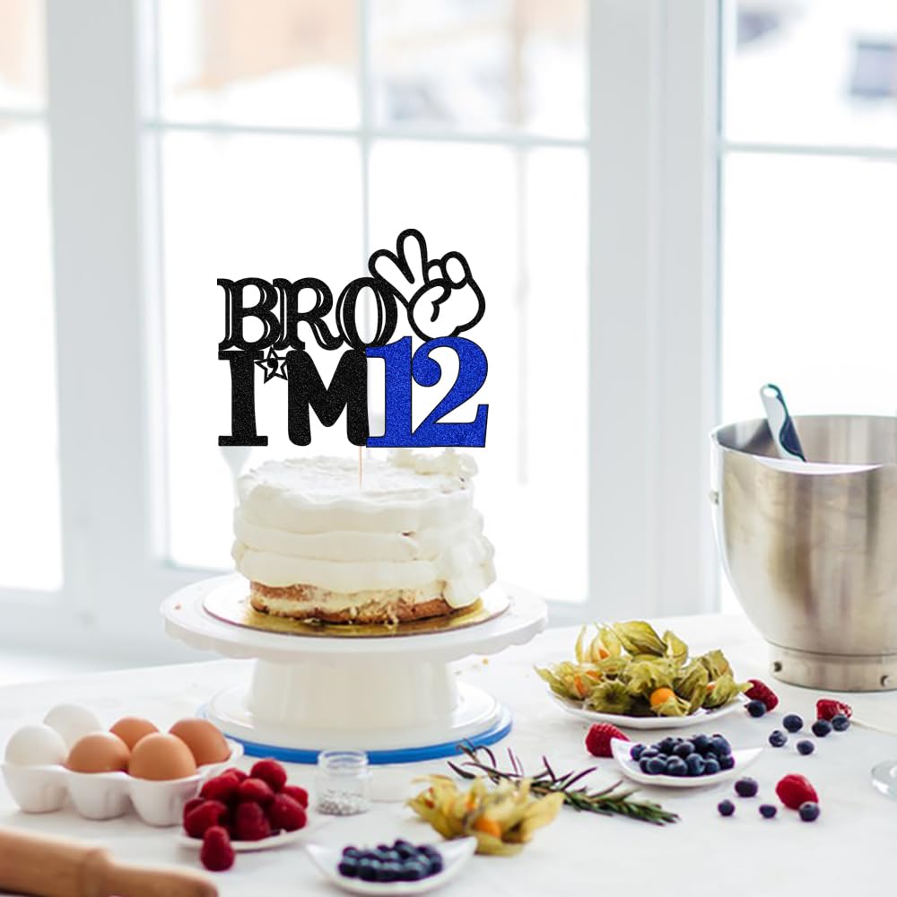 LVEUD 12th Birthday Cake Topper - 'Bro I'm 12' - Officially Teenager - Boy's 12th Birthday Cake Decorations - 12 Years Old - Big Brother Party