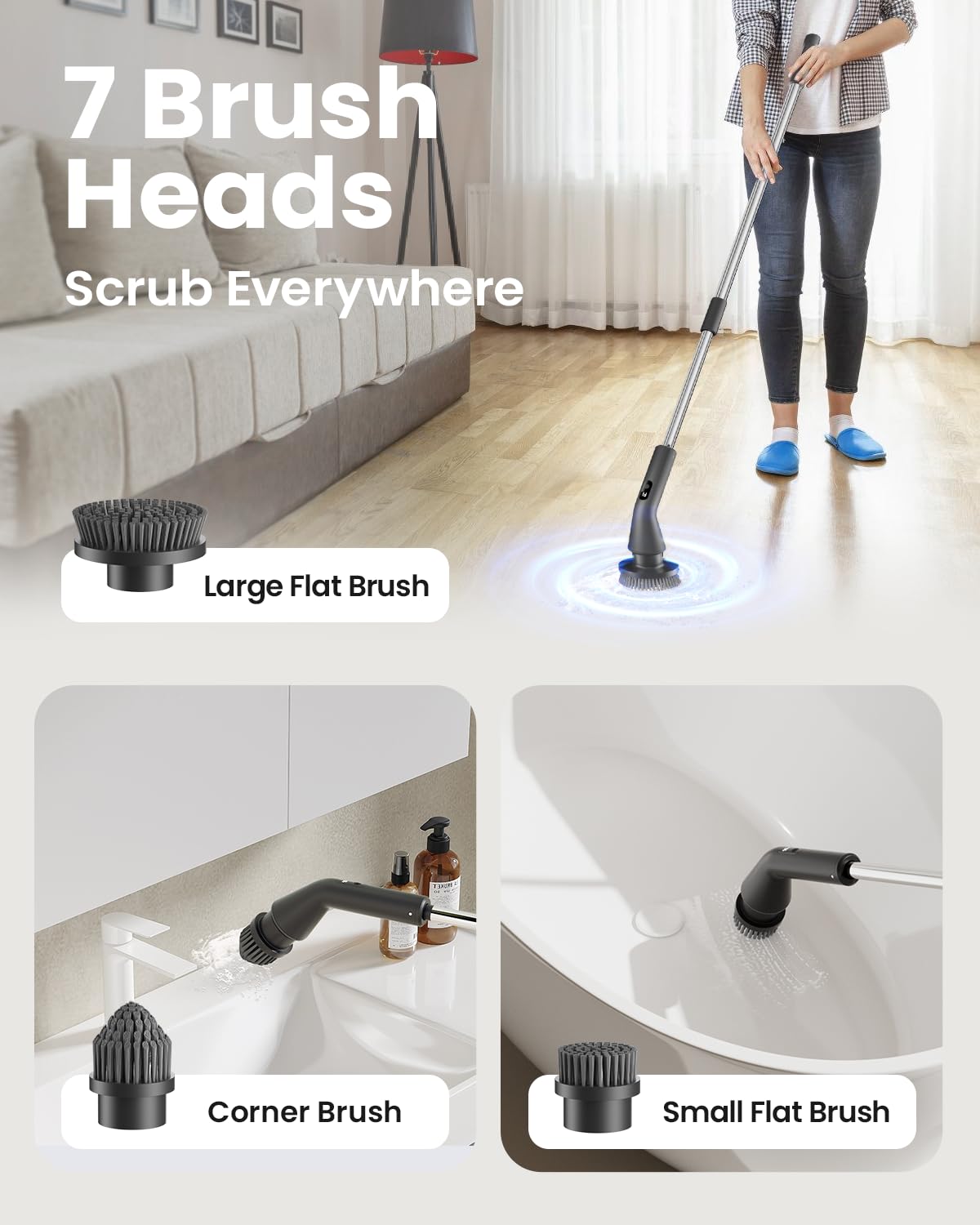 Topmako Electric Spin Scrubber, Upgraded IPX7 Cordless Cleaning Brush for Bathroom Shower, Household Cleaning Scrubber with 7 Brush Heads, Adjustable
