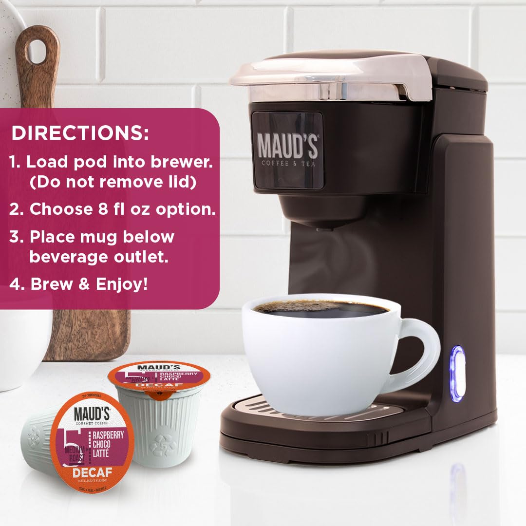 Maud's Decaf Raspberry Chocolate Flavored Coffee Pods, 18 ct, Decaffeinated Medium Roast Flavored Coffee in Single Serve Pods - 100% Arabica Beans