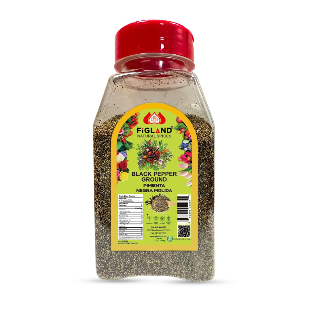 FIGLAND Natural Spices Black Pepper Ground | Pimienta Negra Molida 7 oz | Freshly Packed Fine Ground Pepper for Cooking, Seasoning & Marinades | 100%