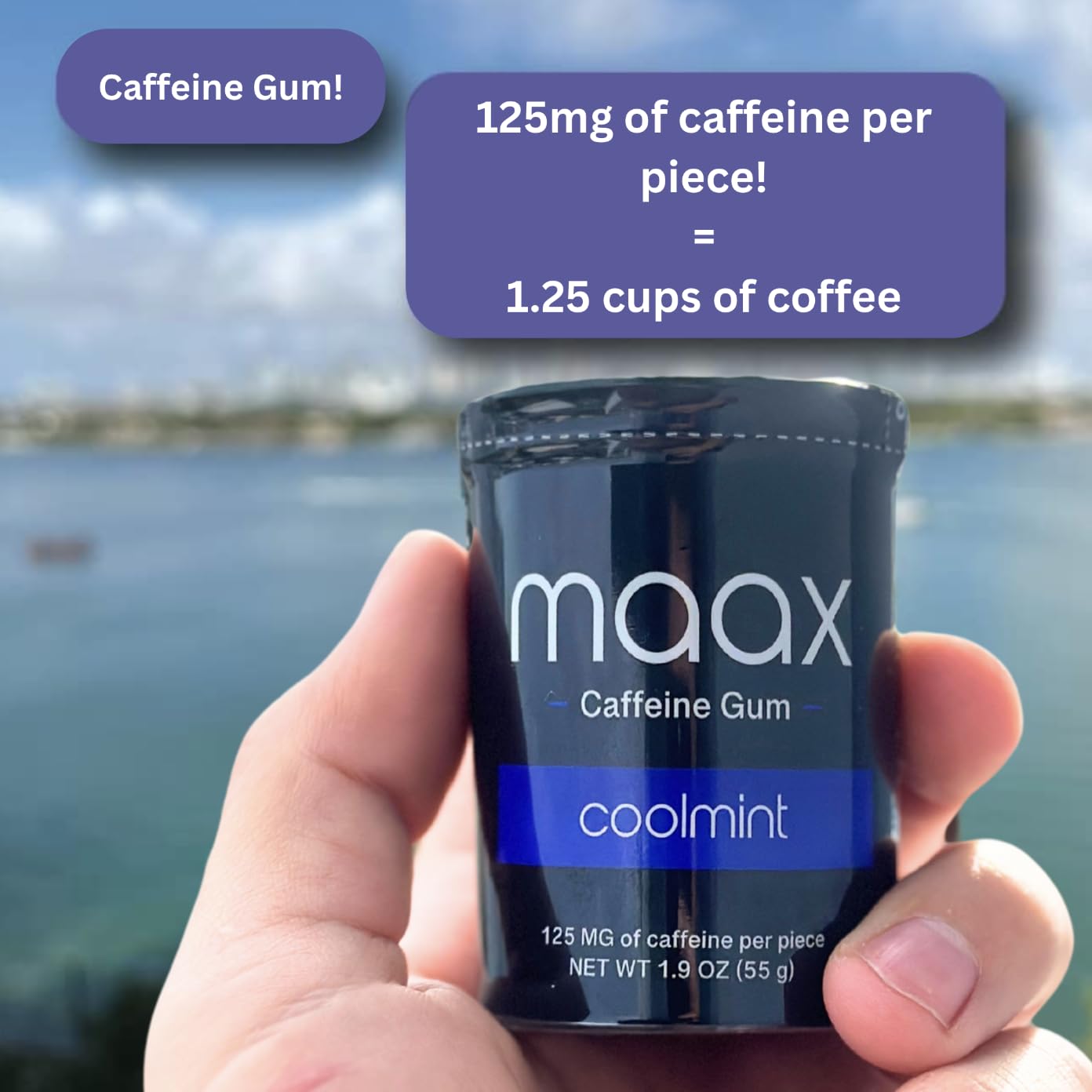 Maax Caffeine Energy Gum | 125mg of caffeine per piece | Coolmint | 25 pieces per container