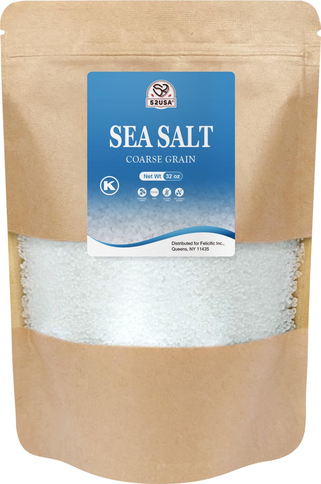 52USA Sea Salt, 2lb - 32oz (1 Pack), Coarse Grain, Salt Grinder Refill, Perfect Coarse Sea Salt For Cooking, All Natural Sea Salt