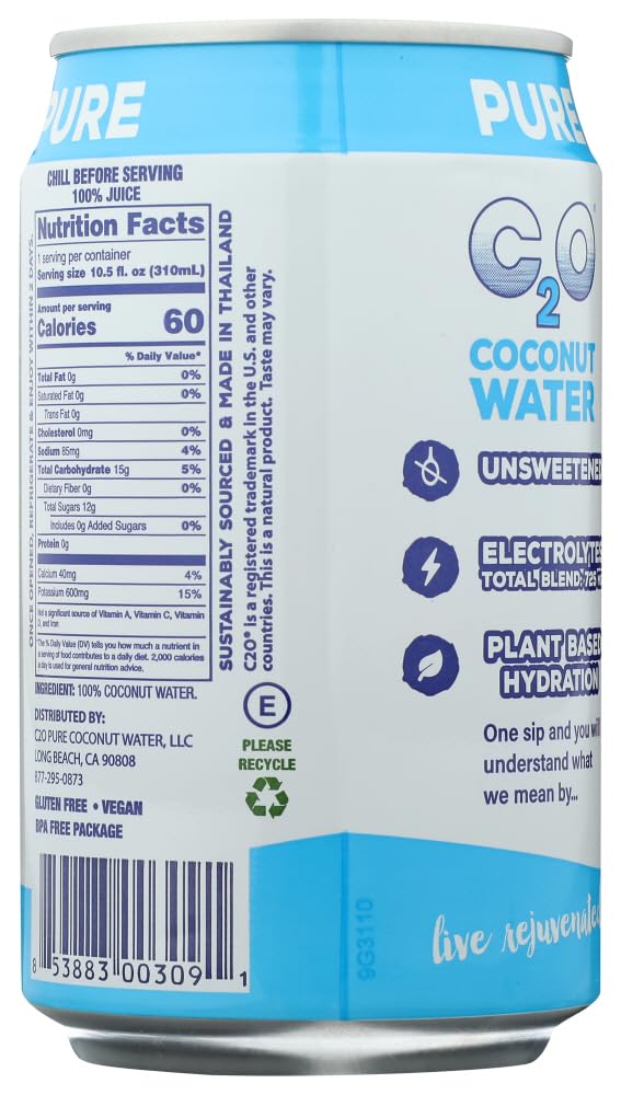 C2O Pure Coconut Water | Plant Based | Non-GMO | No Added Sugar | Essential Electrolytes | 10.5 Fl Oz (Pack of 24)