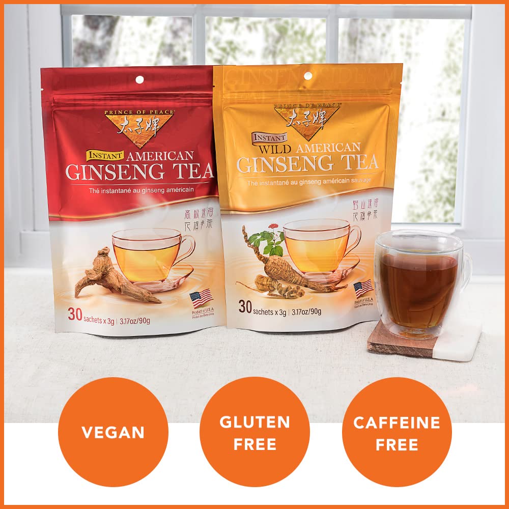 Prince of Peace Instant Wild American Ginseng Tea, 30 Sachets - Healthy Drink, Caffeine-Free Energy-Boosting, Heavy Antioxidants, Made in the USA