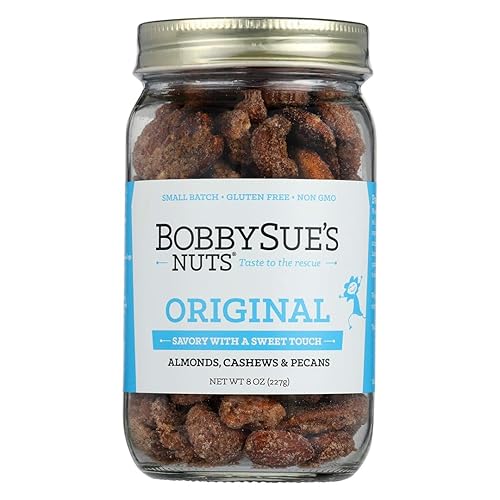 BobbySue's Nuts Original Style, All Natural, Healthy Snack, Gluten Free, Low Sugar, and High Protein Nuts Mix of Almonds, Cashews, Pecans, 8 Oz, 1 Jar