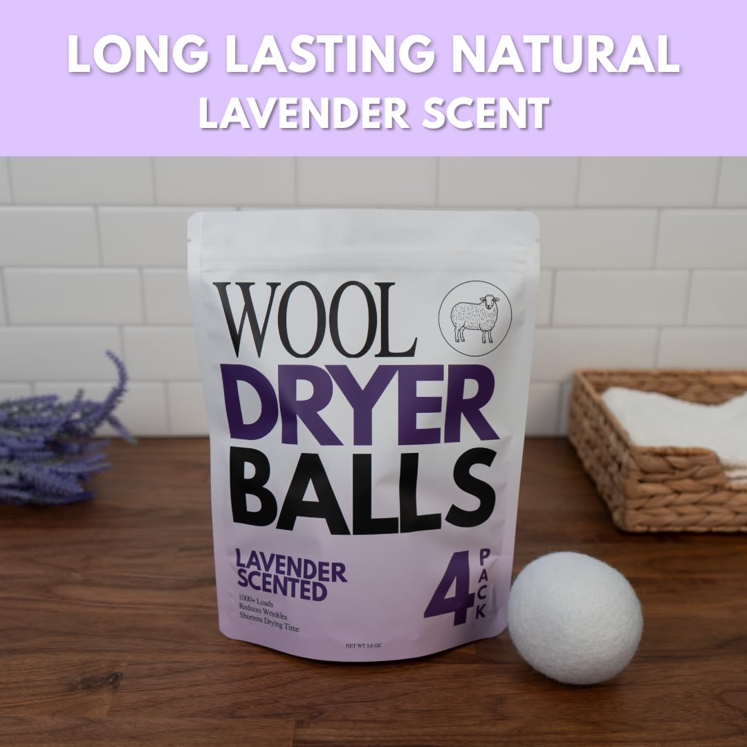 Ms Wool Lavender Scented Wool Dryer Balls - 4 XL Pack - Natural Fabric Softener, Reusable, Reduces Static, Reduces Wrinkles & Shortens Drying Time