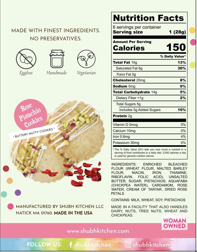 Rose Pistachio Cookies- Gourmet Indian Cookies, 100% Egg-Free & Vegetarian, Handmade with Real Butter & Pistachios, No Preservatives, Authentic
