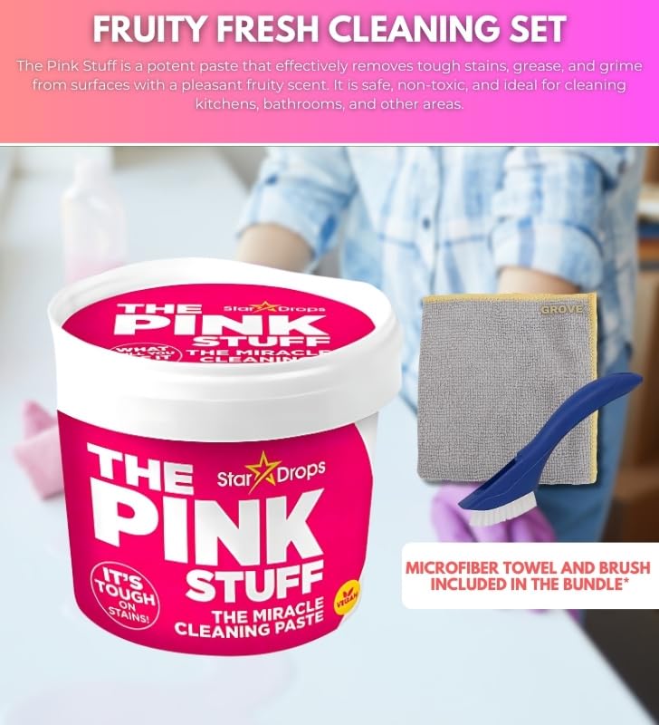 The Pink Stuff Fruity Scent Multi-Purpose Cleaner Paste 17.6 oz Bundle with Microfiber Cloth + Scrub Brush - Tough on Stains - Gentle on Surfaces