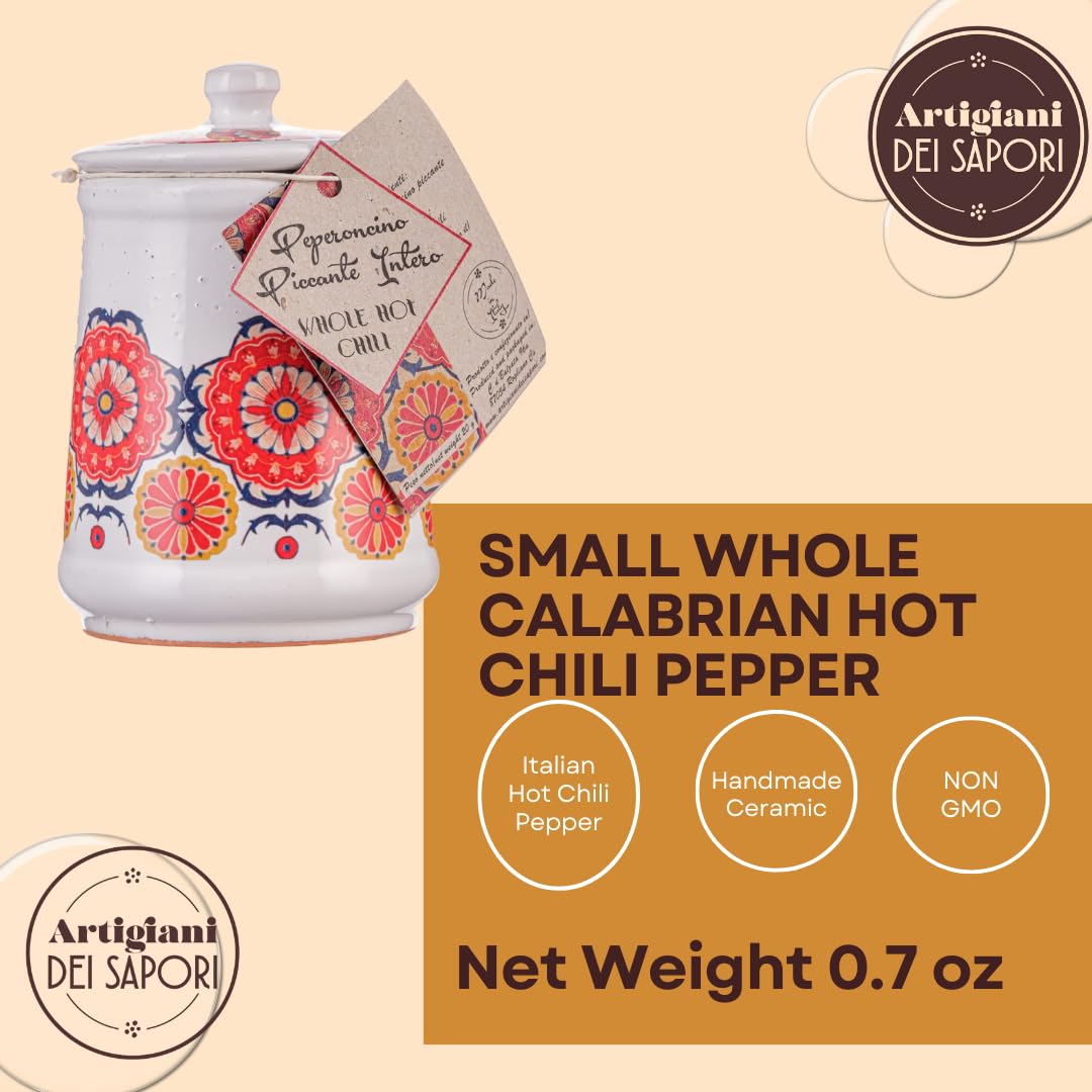 Dried Whole hot Chili Peppers in Italian Handmade Ceramic Jar, Herb, Spice & Seasoning Gifts, ARTIGIANI DEI SAPORI, Product of Italy, Net Weight 0.7