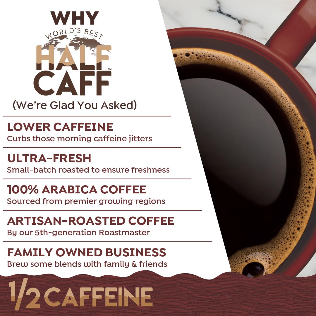 World's Best Half Caff Caramel Coffee Pods, 18 ct, Medium Roast Flavored Coffee in Single Serve Pods - 100% Arabica Beans, Compatible with Keurig K