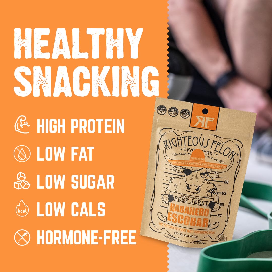 Righteous Felon Beef Jerky - Habanero Escobar Flavor - All-Natural - Locally Sourced & Dried Beef Jerky - Low-Sugar, High-Protein, Healthy Snacks - 2