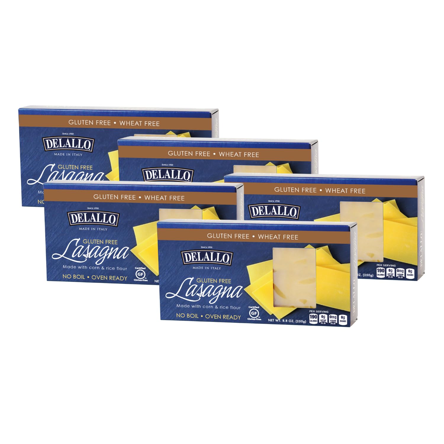 DeLallo Gluten Free Lasagna Noodle Sheets, 8.8 Ounce Box, (5 Pack), Made with Corn and Rice Flour, Oven Ready, No Boil, Non-GMO