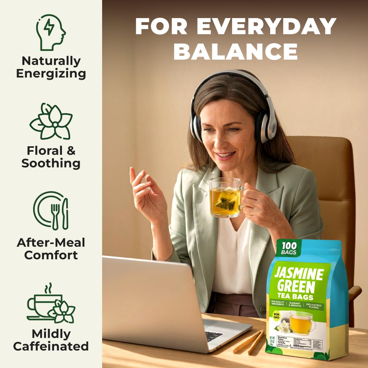 Gya Tea Co Jasmine Green Tea Bags (100 Bags) - Caffeinated Green Tea With Jasmine, Delicate, Floral & Sweet Aroma & Taste, Enjoy Hot Or Iced