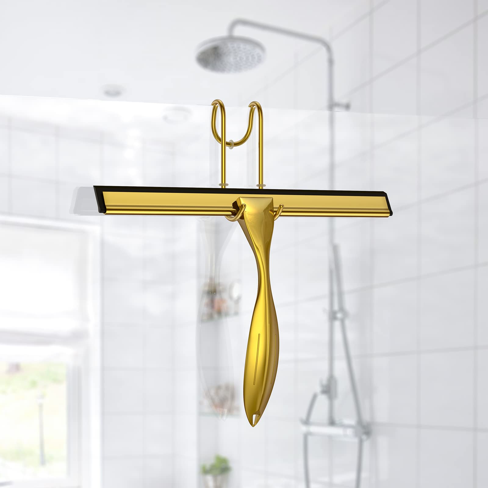 14-Inches Stainless Steel Shower Squeegee Set, Include Shower Door Hook, Adhesive Hook and Spare Silicone Blade, Window Squeegee for Shower Glass