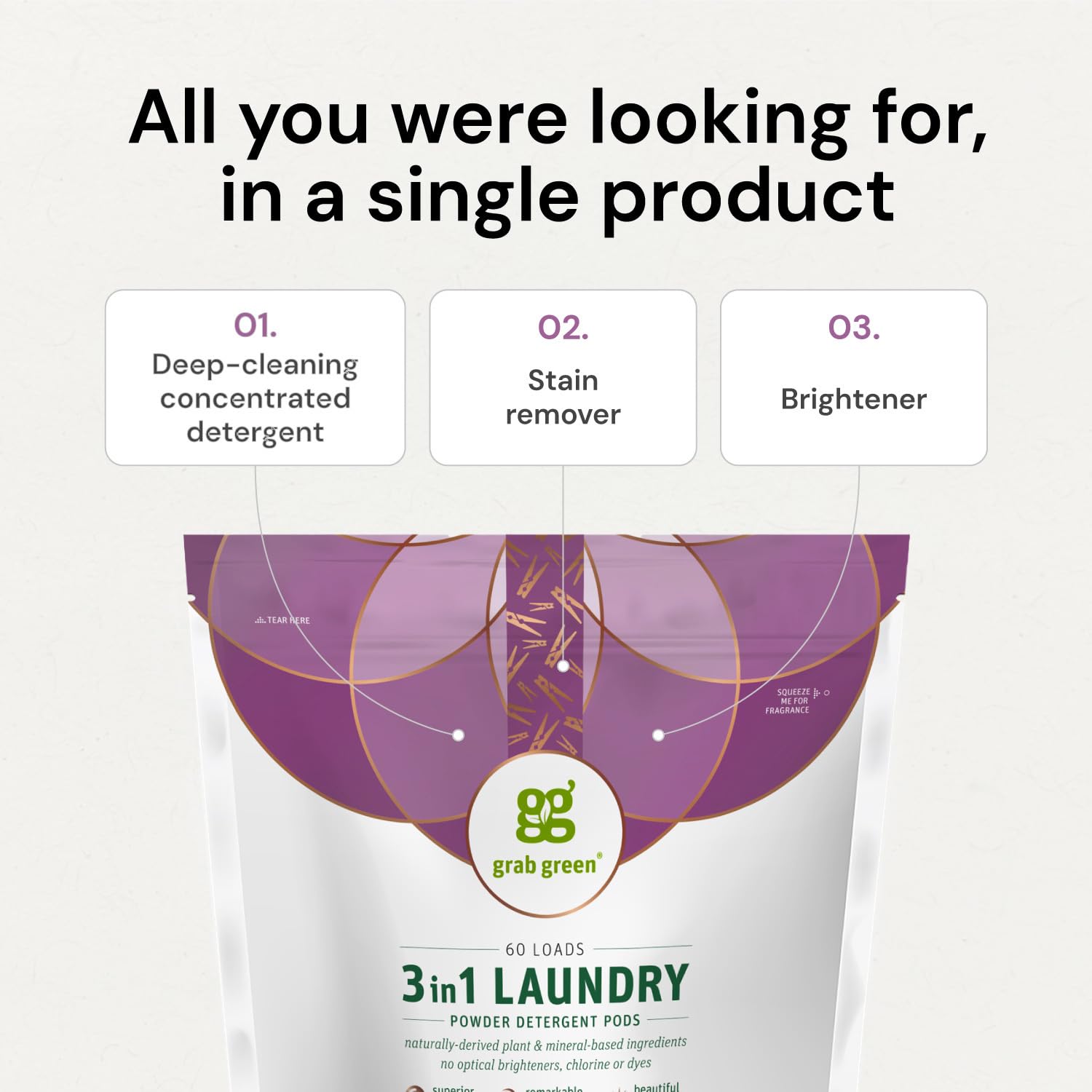 Grab Green 3-in-1 Laundry Detergent Pods, Vetiver Scent, Plant and Mineral Based, Superior Cleaning Power, Stain Remover, Brightens Clothes, White