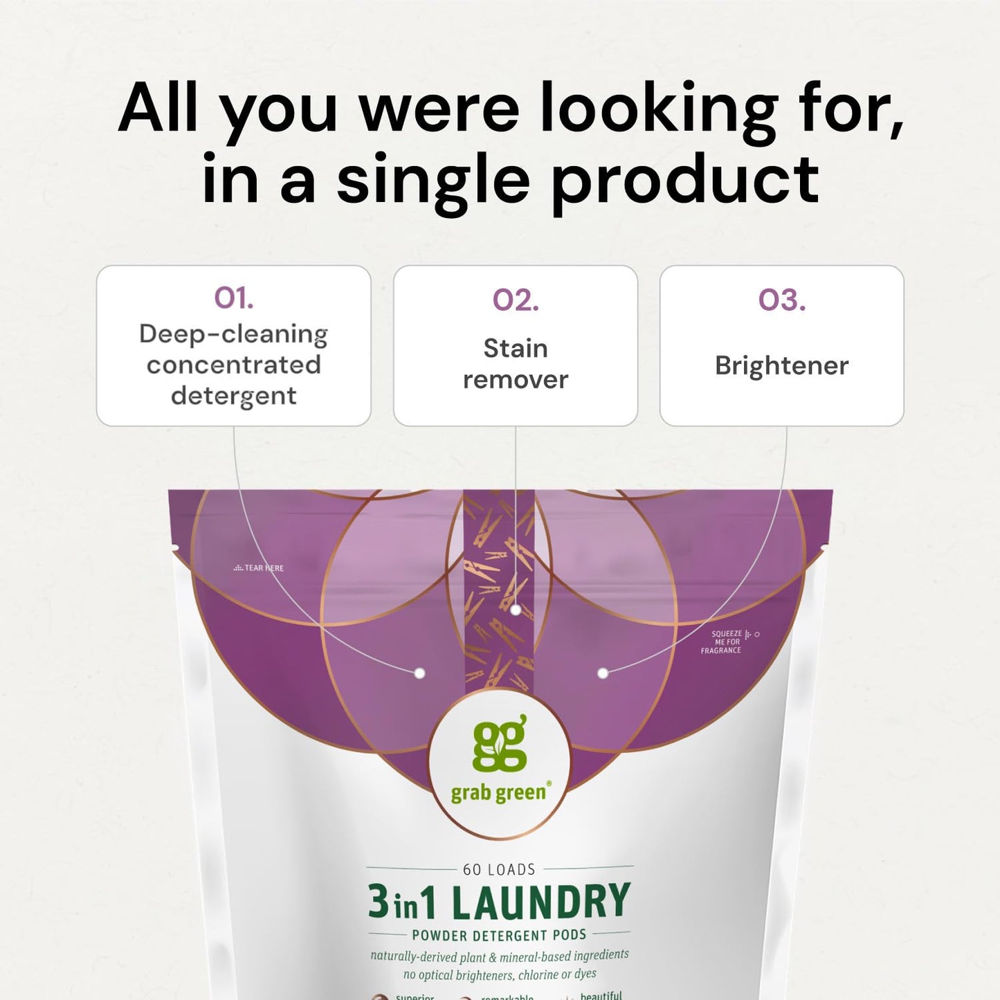 Grab Green Natural 3 in 1 Laundry Detergent Pods, Gardenia-with Essential Oils, 132 Loads, Organic Enzyme-Powered, Plant & Mineral-Based, White