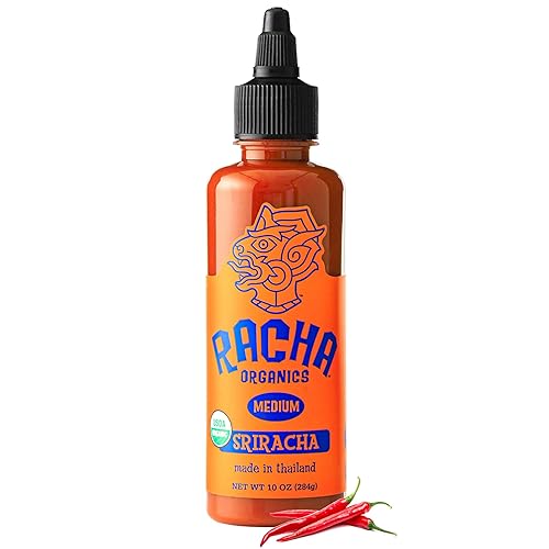 Racha Organics Medium Heat Sriracha Hot Sauce - USDA Organic Sriracha Sauce Made with Estate-Grown Thai Chili Peppers - Low-Sugar, Non-GMO, Gluten