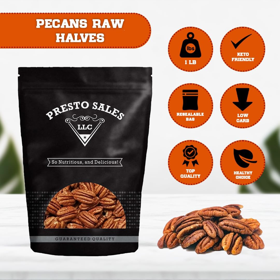 Presto Sales Pecan Halves 16 Oz | Raw, USA, Unsalted, Natural | Non-GMO, Keto/Paleo, Vegan | Perfect Mouth-Watering Taste, Low-Cholesterol, Dairy-Free