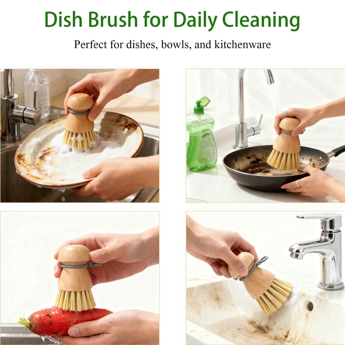 TELUNSHI 2 Pack Wooden Dish Brush, Compact Palm Dish Scrubber with Soft Rubber Hanging Ring, PBT Bristles Kitchen Scrub Tool for Dishes, Pots, Pans
