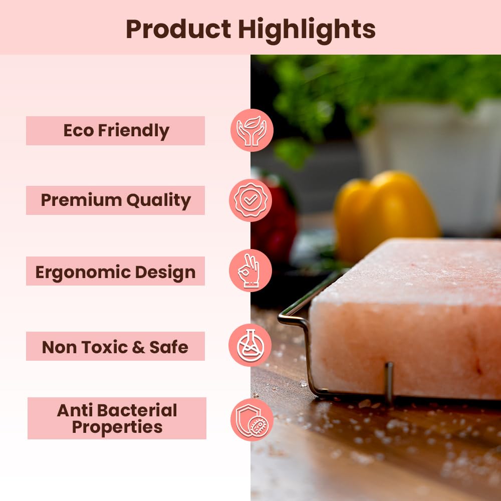 POHS 2 INCHES THICK Himalayan Salt Block For Grilling, Searing, Cooking, BBQ, Himalayan Salt Slab with Premium Quality Stainless Steel Holder 12x8x2