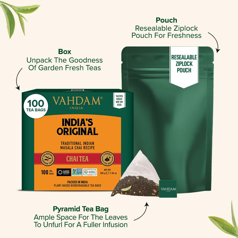 VAHDAM, India's Original Masala Chai Tea Bags (100 Count) No Added Flavoring | Blended w/Exotic Spices | Whole Leaf Tea Bags | Resealable Ziplock