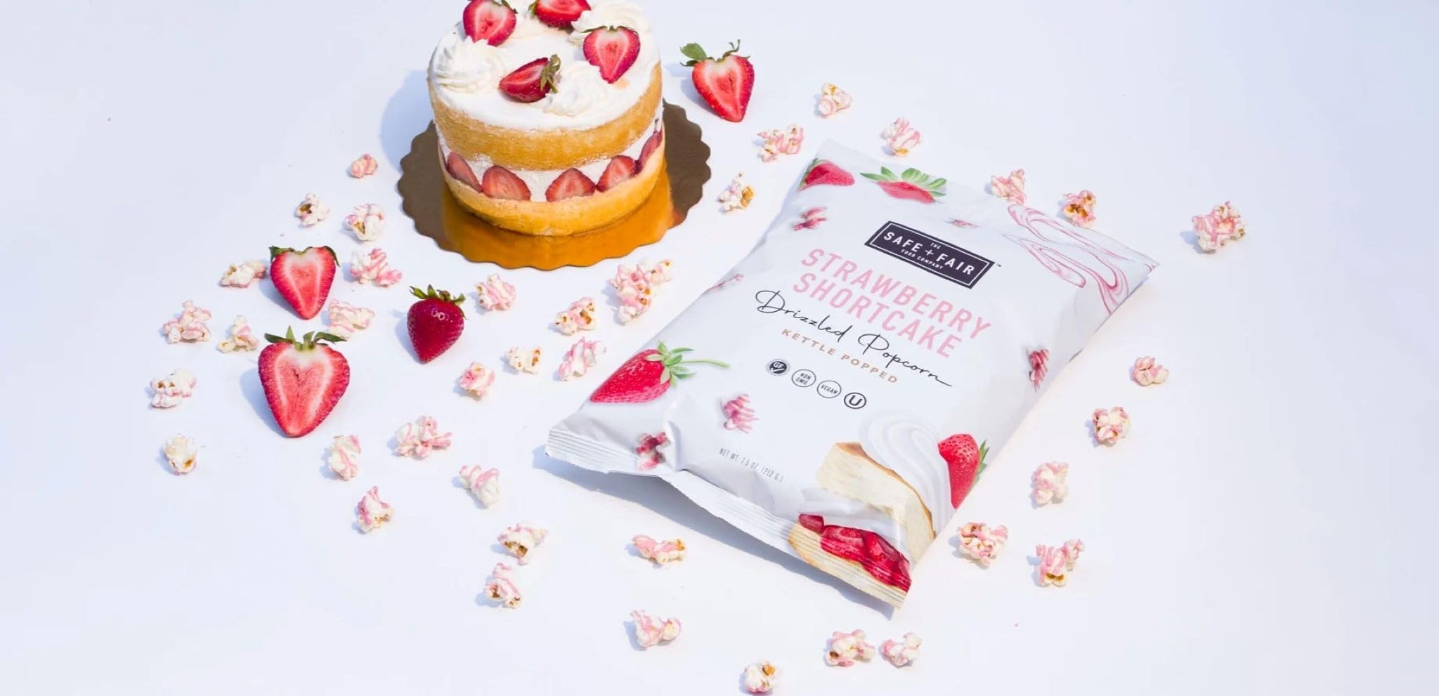 Safe + Fair Food Company Plant-Based Gourmet Strawberry Flavored Popcorn - Strawberry Shortcake Drizzled Kettle Corn Popcorn - Non-GMO + Gluten-Free