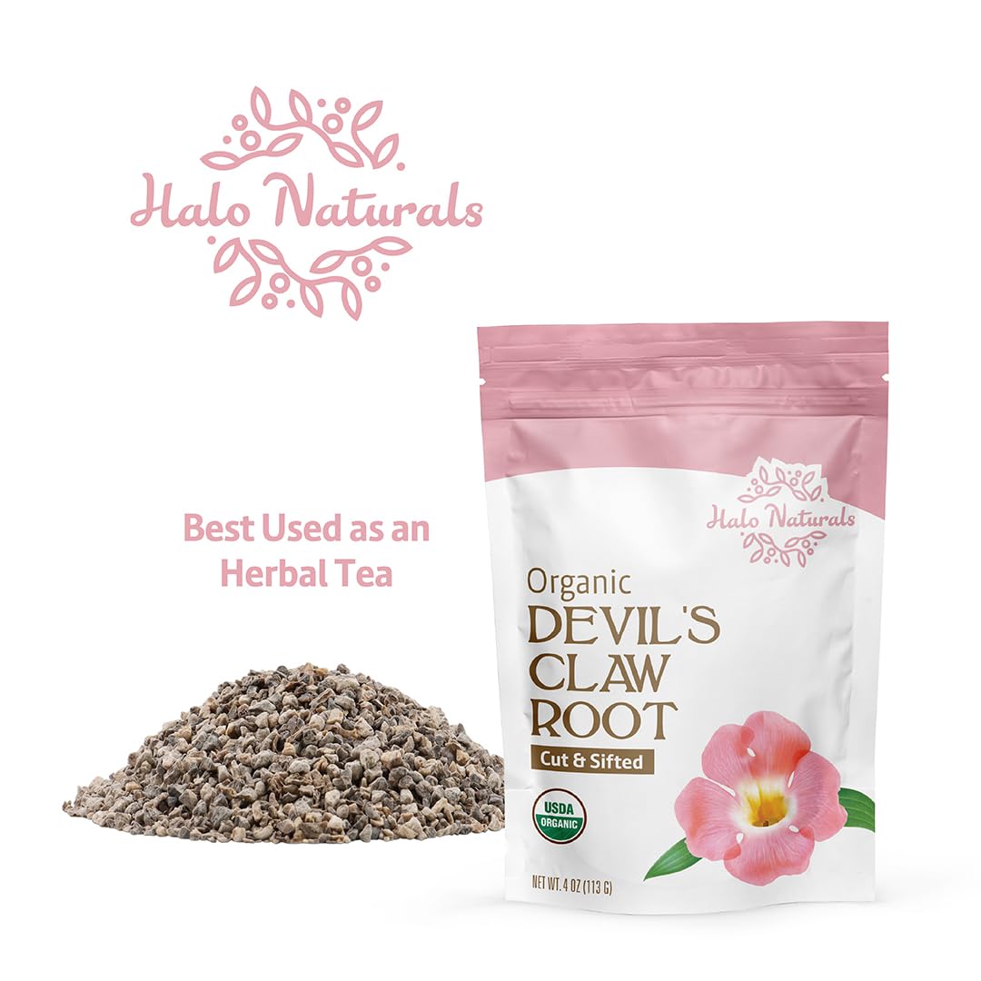 Halo Naturals Organic Devil's Claw Root Cut & Sifted, 4 Ounces (Harpagophytum zeyheri) USDA Certified | Resealable Pouch| Packaged in The USA